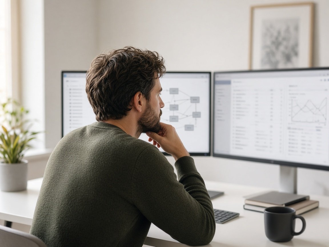Manager reviewing a custom business dashboard with reports and operational tools